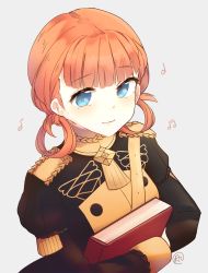 Rule 34 | 1girl, aftergardens, annette fantine dominic, blue eyes, book, closed mouth, fire emblem, fire emblem: three houses, garreg mach monastery uniform, grey background, highres, holding, holding book, long sleeves, nintendo, orange hair, simple background, solo, twintails, uniform, upper body