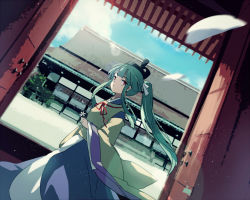 Rule 34 | 1girl, :|, akinomiya asuka, black hat, blue kimono, closed mouth, commentary request, flower, green hair, hat, holding, holding flower, japanese clothes, kimono, long hair, long sleeves, mystical power plant, ponytail, red eyes, solo, suitokuin tenmu, tate eboshi, touhou, white flower