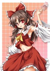 Rule 34 | 1girl, arm up, armpits, bandages, between fingers, bow, brown hair, detached sleeves, female focus, hair bow, hair tubes, hakurei reimu, highres, holding, japanese clothes, long hair, looking at viewer, midriff, miko, navel, ofuda, open mouth, red eyes, roura, shirt, simple background, skirt, skirt set, smile, solo, spell card, grid background, touhou