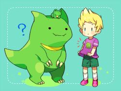 Rule 34 | 0mzum1, 1boy, ?, animal, animal on head, aqua background, black eyes, blonde hair, blue eyes, blush, claws, closed mouth, commentary request, drago, fangs, frog, green shorts, looking at another, lucas (mother 3), mother (game), mother 3, nintendo, notice lines, on head, pink footwear, print shirt, purple shirt, quiff, shirt, shoes, short hair, short sleeves, shorts, simple background, skin fangs, smile, socks, solid circle eyes, standing, t-shirt, white socks