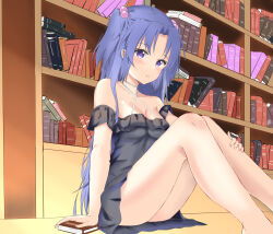Rule 34 | 1girl, absurdres, artist request, ass, blush, book, bookshelf, bottomless, breasts, clannad, cleavage, collarbone, dress, hair bobbles, hair ornament, highres, ichinose kotomi, library, long hair, looking at viewer, medium breasts, on floor, parted bangs, sidelocks, sitting, smile, twintails