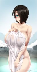 Rule 34 | 1girl, aqua eyes, bath, black hair, blush, breasts, commentary request, covered erect nipples, covering privates, day, hair over one eye, holding, huge breasts, lips, looking at viewer, naked towel, nude, nude cover, onsen, open mouth, original, outdoors, rock, saya (twrlare), shiny skin, short hair, smile, solo, standing, steam, tongue, towel, twrlare, water