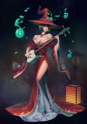 Rule 34 | 1girl, alternate costume, bare shoulders, black hair, breasts, cleavage, guilty gear, hat, heterochromia, i-no, instrument, japanese clothes, large breasts, nail polish, red hat, solo, witch hat