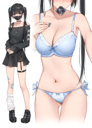 Rule 34 | 1girl, black footwear, black hair, blue bra, blue panties, bow, bow bra, bow panties, bra, breasts, choker, cleavage, collarbone, commentary request, condom, condom in mouth, dress, gluteal fold, hair ornament, hairclip, hand on own chest, highres, jewelry, kanju, long hair, loose socks, mask, mouth hold, mouth mask, multiple views, nail polish, navel, necklace, off-shoulder dress, off shoulder, original, out of frame, panties, side-tie panties, simple background, single sock, socks, stomach, thigh strap, thighs, twintails, underwear, underwear only, white background, white legwear