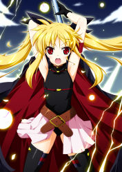 Rule 34 | &gt;:o, 10s, 1girl, :o, altivr, angry, arm behind head, arm strap, armpits, arms up, aura, bardiche (nanoha), belt, belt bra, belt skirt, black gloves, black thighhighs, blonde hair, blush, buckle, cape, cloud, cowboy shot, electricity, energy ball, fate testarossa, fate testarossa (movie 1st form), fighting stance, flat chest, floating hair, gloves, glowing, hair ribbon, halterneck, highres, holding, holding weapon, kanzaki sora, legs apart, leotard, long hair, looking at viewer, lyrical nanoha, magical girl, mahou shoujo lyrical nanoha, mahou shoujo lyrical nanoha the movie 1st, outdoors, pleated skirt, polearm, red eyes, ribbon, shouting, showgirl skirt, sidelocks, skirt, sky, solo, thighhighs, turtleneck, twintails, v-shaped eyebrows, weapon