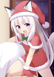 Rule 34 | 1girl, :d, absurdres, animal ear fluff, animal ears, bag, belt, blunt bangs, blush, boots, bow, brown belt, christmas, climbing, dress, dress bow, fang, fox ears, fox girl, fox tail, gloves, green bow, grey hair, hair over shoulder, hat, highres, holding, holding bag, long hair, looking at viewer, mogura2009, open mouth, original, purple eyes, red footwear, red gloves, red hat, santa boots, santa dress, santa gloves, santa hat, short dress, smile, solo, tail, very long hair