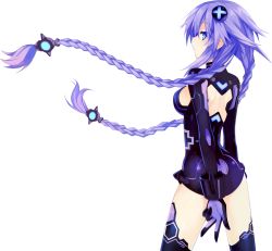 Rule 34 | 10s, 1girl, ass, black thighhighs, blue eyes, boots, braid, breasts, cleavage, cleavage cutout, clothing cutout, covered navel, expressionless, flipped hair, gloves, hair ornament, halterneck, kami jigen game neptune v, leotard, long hair, magical girl, neon trim, neptune (neptunia), neptune (series), official art, purple hair, purple heart (neptunia), solo, standing, symbol-shaped pupils, thigh boots, thighhighs, tsunako, turtleneck, twin braids, vambraces, very long hair