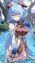Rule 34 | 1girl, absurdres, ahoge, alternate costume, bare shoulders, bell, black leotard, blue hair, blush, breasts, cameltoe, chinese knot, covered navel, cowboy shot, detached sleeves, flower knot, ganyu (genshin impact), genshin impact, gloves, goat horns, groin, highres, horns, kabedoru, leotard, long hair, looking at viewer, low ponytail, medium breasts, multicolored eyes, neck bell, no legwear, parted lips, partially submerged, purple eyes, revision, shallow water, sidelocks, solo, standing, tassel, thighs, wading, water, wet, wet clothes, white sleeves