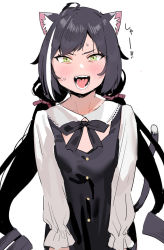 Rule 34 | 1girl, ahoge, alternate costume, animal ear fluff, animal ears, black bow, black dress, black hair, bow, breasts, cat ears, cat girl, cat tail, collared shirt, dress, eyebrows hidden by hair, green eyes, hair bow, karyl (princess connect!), long hair, long sleeves, looking at viewer, low twintails, multicolored hair, open mouth, princess connect!, red bow, ringlets, shirt, simple background, sleeveless, sleeveless dress, small breasts, solo, streaked hair, subachi, sweat, tail, tongue, translation request, twintails, v-shaped eyebrows, very long hair, white background, white hair, white shirt