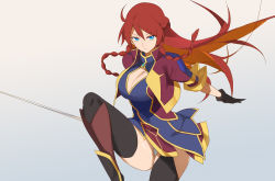 Rule 34 | 10s, 1girl, alternate breast size, bad id, bad pixiv id, black gloves, black thighhighs, blue eyes, boots, braid, breasts, cleavage, cleavage cutout, clothing cutout, frown, gloves, large breasts, long hair, looking at viewer, multicolored hair, orange hair, re:creators, red hair, selesia upitiria, simple background, solo, squatting, sword, thighhighs, twin braids, two-tone hair, weapon, yostxxx
