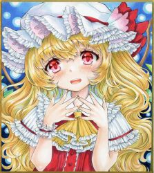 Rule 34 | 1girl, absurdres, alternate hair length, alternate hairstyle, ascot, blonde hair, blue background, blush, buttons, flandre scarlet, frilled ascot, frills, hair between eyes, happy, hat, hat ribbon, head tilt, highres, long hair, looking at viewer, marker (medium), mikeko (user zntg7852), mob cap, open mouth, puffy short sleeves, puffy sleeves, red eyes, red ribbon, red vest, ribbon, shirt, short sleeves, simple background, solo, touhou, traditional media, upper body, vest, white hat, white shirt, yellow ascot
