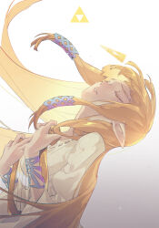 Rule 34 | 1girl, blonde hair, bracelet, breasts, closed eyes, commentary, crying, dutch angle, facing up, falling, floating hair, from side, gradient background, grey background, hair tubes, hands up, highres, holding, holding instrument, instrument, jewelry, long hair, long sleeves, lyre, nintendo, parted lips, pointy ears, princess zelda, sidelocks, solo, sumooo (ga ilil), symbol-only commentary, the legend of zelda, the legend of zelda: skyward sword, triforce, upper body, white background, wide sleeves