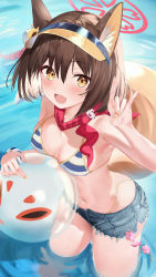 Rule 34 | 1girl, :d, animal ear fluff, animal ears, ball, bare arms, bare shoulders, beachball, bikini, blue archive, blush, breasts, brown hair, fang, fox ears, fox girl, fox shadow puppet, fox tail, hair between eyes, halo, highres, holding, holding ball, holding beachball, izuna (blue archive), izuna (swimsuit) (blue archive), looking at viewer, medium breasts, micro shorts, multicolored hair, nail polish, navel, nokke o, open mouth, red scarf, scarf, short hair, shorts, skin fang, smile, solo, stomach, streaked hair, string bikini, striped bikini, striped clothes, swimsuit, tail, visor cap, wading, water, yellow eyes, yellow nails