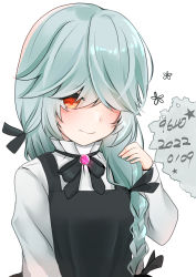 Rule 34 | 1girl, 9610 (kuroto), absurdres, ahoge, alternate costume, black dress, black ribbon, blouse, braid, brown eyes, commentary request, dress, grey hair, hair over eyes, hair ribbon, hamanami (kancolle), highres, kantai collection, long hair, looking at viewer, ribbon, shirt, simple background, single braid, solo, upper body, white background, white shirt