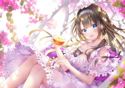 Rule 34 | 1girl, absurdres, animal, animal between breasts, between breasts, blue eyes, blush, braid, branch, breasts, cat, collarbone, cup, dress, ekouji ruri, fingernails, floral print, flower, frills, hair ornament, hairband, highres, holding, huge filesize, large breasts, liver city, looking at viewer, open mouth, pillow, pink dress, sakura moyon, scan, simple background, sitting, sleeping, smile, teacup