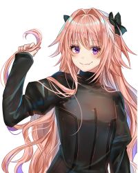 Rule 34 | 1boy, astolfo (fate), azaka (rionrita), black bow, black sweater, blush, bow, crossdressing, fang, fang out, fate/apocrypha, fate (series), floating hair, hair between eyes, hair bow, hair down, hair intakes, long hair, long sleeves, looking at viewer, male focus, nail polish, purple eyes, simple background, skin fang, smile, solo, sweater, trap, upper body, very long hair, wavy hair, white background