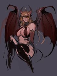 Rule 34 | 1girl, absurdres, bare shoulders, blonde hair, breasts, bright pupils, cropped legs, demon girl, demon horns, demon wings, detached sleeves, grey background, highres, horns, large breasts, long hair, looking at viewer, matilda fiship, orange pupils, original, parted lips, pink lips, pointy ears, sketch, smile, solo, thighhighs, wings