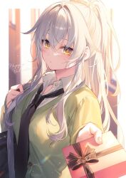 Rule 34 | 1girl, bag, black necktie, blush, border, cardigan, collared shirt, commentary, crossed bangs, english text, gift, green cardigan, grey hair, hair between eyes, hair flaps, hair intakes, hair over breasts, highres, holding, holding bag, holding gift, long hair, looking at viewer, necktie, open collar, open door, original, outside border, ponytail, rainbow gradient, refraction, school, school bag, shirt, sidelocks, solo, standing, sunlight, sunset, symbol-only commentary, toosaka asagi, valentine, white border, white shirt, window, yellow eyes