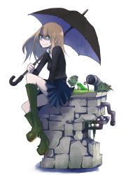 Rule 34 | blue eyes, boots, brown hair, frog, highres, long hair, original, rubber boots, sitting, skirt, smile, solo, tansuke, umbrella