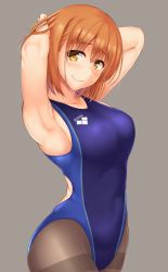 Rule 34 | 1girl, absurdres, adjusting hair, airi (satosi), armpits, arms behind head, arms up, bare arms, bare shoulders, black pantyhose, blue one-piece swimsuit, blush, breasts, closed mouth, clothes writing, competition swimsuit, cowboy shot, from side, grey background, highres, looking at viewer, looking to the side, medium breasts, one-piece swimsuit, original, pantyhose, pantyhose under swimsuit, satosi, simple background, solo, standing, swimsuit, thighband pantyhose