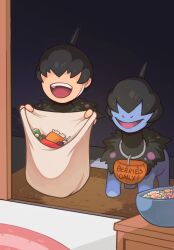 bag bowl_of_candy candy child creatures_(company) dark_background deino_(pokemon) door food game_freak gen_5_pokemon halloween halloween_bucket halloween_costume highres mateus_upd nintendo no_eyes open_door pokemon pokemon_(creature) smile