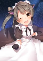 Rule 34 | 10s, 1girl, 7zu7, ;d, animal ears, black gloves, brown hair, cat ears, gloves, kemonomimi mode, long hair, looking at viewer, love live!, love live! school idol project, maid, maid headdress, minami kotori, one eye closed, open mouth, smile, solo, wink, yellow eyes