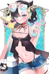 Rule 34 | 1girl, alternate costume, azuki anko, bikini, black bikini, blush, breasts, character doll, collarbone, cooler, cowboy shot, creatures (company), cup, denim, denim shorts, drinking straw, earrings, eyelashes, flower, food, game freak, gen 8 pokemon, green eyes, highres, holding, holding cup, jewelry, marnie (pokemon), mixed-language commentary, morpeko, morpeko (full), navel, nintendo, on shoulder, parted lips, pokemon, pokemon (creature), pokemon on shoulder, pokemon swsh, shaved ice, short shorts, shorts, small breasts, solo, sunglasses, swimsuit, thigh strap, twintails