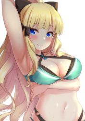 Rule 34 | 1girl, aqua bikini, arm behind head, arm up, armpits, bare shoulders, bikini, black bow, blonde hair, blue eyes, blush, bow, breast hold, breasts, cleavage, closed mouth, collarbone, commentary request, hair bow, highres, kibihimi, large breasts, layered bikini, long hair, looking at viewer, navel, o-ring, o-ring bikini, o-ring bottom, o-ring top, ponytail, presenting armpit, princess connect!, saren (princess connect!), saren (summer) (princess connect!), simple background, smile, solo, split mouth, star (symbol), stomach, sweat, swimsuit, upper body, very long hair, white background