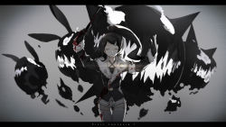 Rule 34 | 1girl, black hair, blood, closed eyes, gloves, letterboxed, muted color, pixiv fantasia, pixiv fantasia t, short hair, solo, thighhighs, tsukii