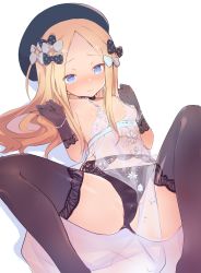 Rule 34 | 1girl, abigail williams (fate), artoria pendragon (lancer alter) (fate), artoria pendragon (lancer alter) (royal icing) (fate), bad id, bad twitter id, black gloves, black panties, black thighhighs, blonde hair, blue eyes, blush, breasts, caburi, commentary request, fate/grand order, fate (series), garter belt, gloves, hat, highres, knees up, long hair, lying, nipples, no bra, official alternate costume, on back, panties, see-through, simple background, small breasts, solo, spread legs, thighhighs, underwear, very long hair, white background
