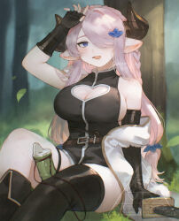 1girl against_tree asymmetrical_gloves asymmetrical_legwear bare_shoulders belt black_footwear black_gloves black_thighhighs black_vest blue_eyes boots braid breasts brown_belt cleavage cleavage_cutout clothing_cutout coat draph fingerless_gloves fold-over_boots gloves granblue_fantasy hair_ornament hair_over_one_eye highres horns large_breasts long_bangs long_hair long_sidelocks looking_at_viewer narmaya_(granblue_fantasy) no_pants open_clothes open_coat open_mouth purple_hair side_braid sidelocks signature single_braid single_fingerless_glove single_thighhigh sitting solo sweat swept_bangs thigh_boots thigh_strap thighhighs tree uneven_gloves vest watermark white_coat yct_(yoct_o)