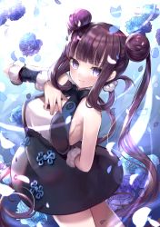 Rule 34 | 1girl, absurdres, bare shoulders, black dress, blue background, blue eyes, blue flower, blunt bangs, blush, breasts, detached sleeves, double bun, dress, fate/grand order, fate (series), flower, gradient background, hair bun, hair ornament, hand on own chest, hane yuki, highres, long hair, looking at viewer, medium breasts, parted lips, petals, purple hair, sidelocks, smile, solo, twintails, very long hair, yang guifei (fate), yang guifei (first ascension) (fate)