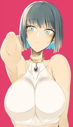 Rule 34 | 1girl, arm behind head, blue eyes, blue hair, blush, bob cut, breasts, closed mouth, colored inner hair, doko tetora, grey hair, large breasts, lco, multicolored hair, original, red background, rei (doko tetora), shirt, short hair, simple background, sleeveless, sleeveless shirt, solo, upper body, white shirt