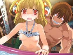 Rule 34 | 1boy, 1girl, blonde hair, bottomless, breasts, brown hair, evil smile, forced, hair ornament, hetero, muscular, nipples, o-ring, o-ring top, open mouth, patricia friday, patty the summer, rance, rance (series), rance 01, rape, red eyes, sex, short hair, small breasts, smile, two side up, water