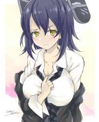 Rule 34 | 1girl, artist name, black jacket, blue hair, breasts, checkered necktie, collarbone, collared shirt, dated, dress shirt, embarrassed, eyepatch, gakky, hair between eyes, headgear, jacket, kantai collection, large breasts, looking at viewer, loose necktie, necktie, off shoulder, one-hour drawing challenge, scar, scar across eye, school uniform, shirt, short hair, solo, tenryuu (kancolle), undressing, upper body, wavy mouth, white shirt, yellow eyes