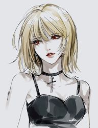 Rule 34 | 1girl, amane misa, bare shoulders, blonde hair, choker, cross, death note, earrings, evl 1230, grin, jewelry, korean commentary, looking to the side, medium hair, necklace, parted lips, red eyes, smile, solo, upper body, white background