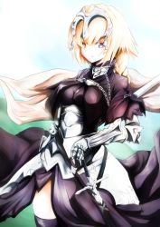Rule 34 | 1girl, armor, armored dress, blonde hair, braid, breasts, dress, fate/apocrypha, fate (series), gauntlets, gradient background, headpiece, jeanne d&#039;arc (fate), jeanne d&#039;arc (ruler) (fate), long hair, maxwell manzoku, purple eyes, sheath, sheathed, single braid, solo, sword, thighhighs, weapon