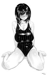 Rule 34 | 1girl, blush, breasts, competition swimsuit, full-face blush, greyscale, highres, huge breasts, monochrome, one-piece swimsuit, original, orushibu, short hair, sitting, striped clothes, striped one-piece swimsuit, swimsuit, wariza