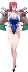 Rule 34 | 1girl, alternate costume, arms behind back, asymmetrical hair, azur lane, bare legs, black footwear, blue one-piece swimsuit, blush, breasts, cameltoe, cleavage, closed mouth, commentary, covered erect nipples, covered navel, embarrassed, full body, gluteal fold, hair between eyes, high heels, highleg, highleg swimsuit, huge breasts, ishizu kayu, italian flag, crossed legs, long hair, looking at viewer, one-piece swimsuit, orange eyes, red hair, rigging, side ponytail, sidelocks, simple background, solo, standing, sweatdrop, swimsuit, thigh gap, turret, white background, zara (azur lane)
