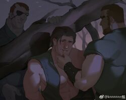 Rule 34 | 3boys, bara, beard, cowboy shot, eyepatch, facial hair, finger in another&#039;s mouth, flynn rider, full beard, goatee stubble, highres, kn (10112650), large pectorals, male focus, mature male, medium sideburns, multiple boys, muscular, muscular male, no eyes, patchy stabbington, pectorals, seductive smile, short hair, sideburns, sideburns stabbington, sidepec, smile, standing, stubble, tangled, undressing, upper body, yaoi