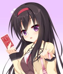 Rule 34 | 1girl, :d, black hair, blush, breasts, brown vest, card, commentary request, eyelashes, gradient background, hair between eyes, hair ornament, hairband, hands up, holding, holding card, holding umbrella, jacket, large breasts, long hair, long sleeves, looking at viewer, necktie, nijouin hazuki, open clothes, open jacket, open mouth, pink umbrella, pom pom (clothes), pom pom hair ornament, purple background, purple eyes, red hairband, red necktie, riddle joker, school uniform, shrimp 3, sidelocks, simple background, smile, solo, umbrella, upper body, very long hair, vest, white background, yellow jacket