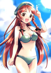 Rule 34 | 1girl, :d, alternate eye color, arm at side, bare shoulders, beret, bikini, braid, breasts, brown eyes, cloud, cloudy sky, day, green bikini, hair ribbon, hand on own head, hat, hong meiling, kouhou no nin, large breasts, light particles, light rays, long hair, looking at viewer, navel, open mouth, parted bangs, primary stage, red hair, ribbon, sky, smile, solo, stomach, swimsuit, touhou, tress ribbon, twin braids