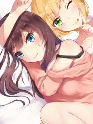 Rule 34 | 10s, 2girls, blonde hair, blue eyes, brown hair, closed mouth, collarbone, commentary request, eyebrows, ginn (hzh770121), green eyes, highres, ichinose shiki, idolmaster, idolmaster cinderella girls, index finger raised, long hair, looking at viewer, lying, miyamoto frederica, multiple girls, off shoulder, on side, one eye closed, out of frame, shiny skin, short hair, tehepero, tongue, tongue out