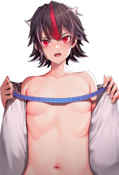 Rule 34 | 1girl, absurdres, banitya, bare shoulders, black hair, blush, breasts, clothes pull, commentary request, cone horns, covered erect nipples, dress, dress pull, grey horns, hair between eyes, hands up, highres, holding, holding ribbon, horns, kijin seija, looking at viewer, multicolored hair, navel, no bra, off shoulder, open clothes, open dress, open mouth, pulling own clothes, red eyes, red hair, ribbon, sharp teeth, short hair, silver hair, simple background, small breasts, solo, stomach, teeth, touhou, undressing, upper body, white background, white dress