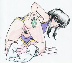 Rule 34 | 1990s (style), 1girl, :d, all fours, anus, ass, ass grab, bed sheet, black hair, blue eyes, blush, bottomless, come hither, commission, commissioner upload, covered erect nipples, female pubic hair, fire emblem, fire emblem: genealogy of the holy war, from behind, grabbing own ass, highres, larcei (fire emblem), legs, looking at viewer, looking back, nintendo, no panties, on bed, open mouth, potion, presenting, pubic hair, purple tunic, pussy, retro artstyle, short hair, sidelocks, smile, socks, solo, thighs, thleleu59, tomboy, traditional media, tunic, white background
