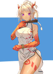 Rule 34 | 1girl, absurdres, arknights, bare shoulders, bead bracelet, beads, blue background, bracelet, breasts, china dress, chinese clothes, commentary request, cowboy shot, dress, hand up, highres, holding, horns, jewelry, looking at viewer, medium breasts, nian (arknights), nian (unfettered freedom) (arknights), official alternate costume, pointy ears, purple eyes, short hair, side slit, silver hair, sleeveless, sleeveless dress, smile, solo, soranoki, standing, thighs, two-tone background, white background, white dress