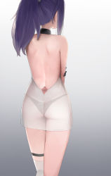 Rule 34 | 1girl, alice gear aegis, ass, back, backless dress, backless outfit, bare back, bare shoulders, black gloves, black panties, dress, facing away, from behind, gloves, gradient background, grey background, hand on own arm, highres, long hair, nikotama mai, panties, ponytail, purple hair, see-through, see-through dress, short dress, sidelocks, single thighhigh, solo, standing, sunga2usagi, sweat, thigh strap, thighhighs, underwear, white dress, white thighhighs