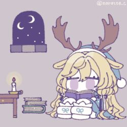Rule 34 | 1girl, animal ears, antlers, arknights, blonde hair, book, book stack, candle, chibi, crescent moon, deer antlers, deer ears, deer girl, fire, hair between eyes, hat, holding, holding book, horns, indoors, jitome, long hair, moon, multiple moons, night, nightcap, nora (petlico), open book, pants, purple eyes, reading, sitting, slippers, solo, star (sky), table, twitter username, very long hair, viviana (arknights), white footwear, white pants