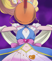 Rule 34 | 1girl, armpits, asahina mirai, blonde hair, blue gemstone, cure miracle, cure miracle (sapphire style), gem, haruyama kazunori, hat, heart, long hair, magical girl, mahou girls precure!, mini hat, mini witch hat, navel, outstretched arms, precure, sapphire style, solo, stuck, witch hat