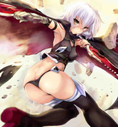 Rule 34 | 1girl, armadillo-tokage, armpits, ass, bad anatomy, bandaged arm, bandages, bare shoulders, black panties, black thighhighs, boots, breasts, butt crack, dual wielding, facial scar, fate/apocrypha, fate/grand order, fate (series), from behind, holding, holding weapon, jack the ripper (fate/apocrypha), looking at viewer, medium breasts, midriff, panties, scar, scar on cheek, scar on face, serious, shirt, short hair, silver hair, sleeveless, sleeveless shirt, slit pupils, solo, thigh boots, thighhighs, thighs, underwear, weapon